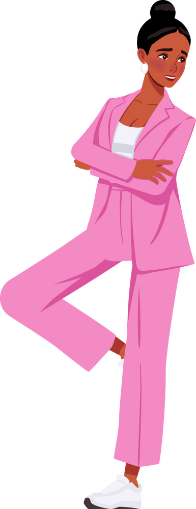 Attractive african american woman, loose fit pink suit standing lean